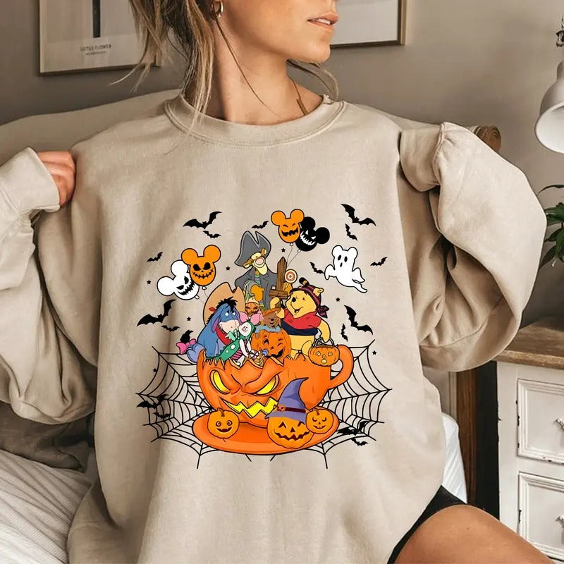 Spooky Halloween Pooh T-shirt, Retro Cute Characters Tee Shirt, Scary Pumpkin Sweatshirt, Pooh And Friends Shirt, Gift For Friends