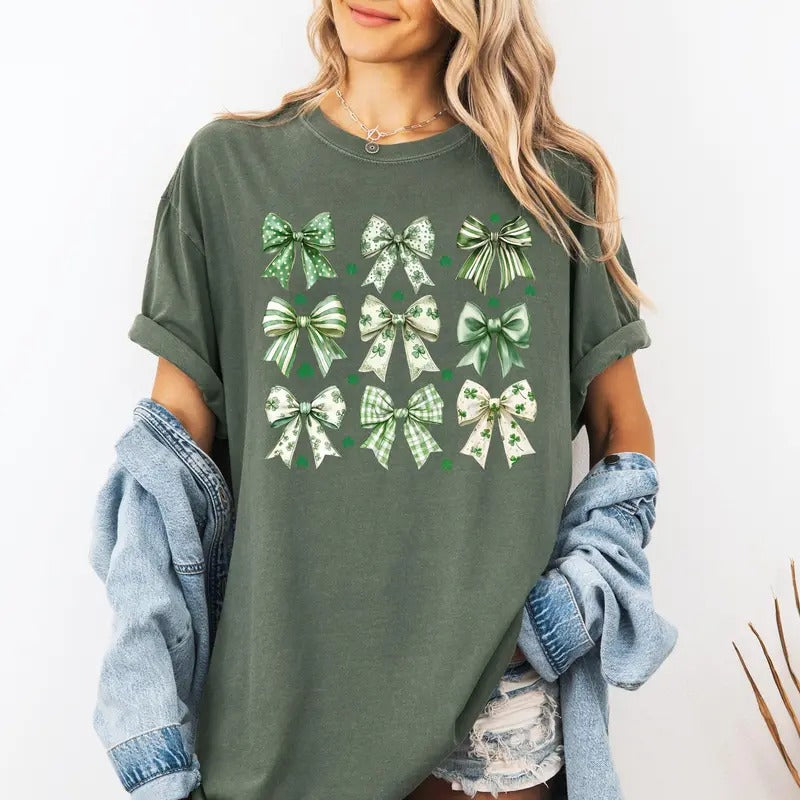 St Patrick's Coquette Bows, Ribbons, St Patrick's Day, Shamrock, Clover, Lucky, Leprechaun Tshirt, Women's Comfort Colors Tee