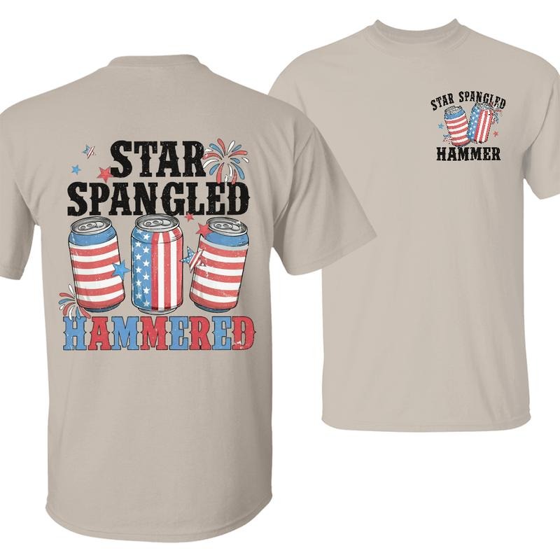 Star Spangled Hammered T-Shirt, Funny Independence Day Party Tee, Funny Patriotic 4th of July Shirt, Patriotic Beer Lover Shirt, Fireworks & American Flag Graphic, Unisex Cotton Apparel for Men and Women