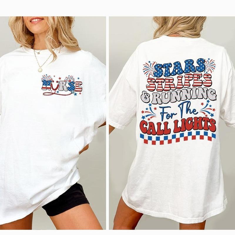 Stars Stripes And Running For Call Lights Shirt, Nurse Shirts, Gift For Nurse, Memorial Day Gifts, Women's Tops, American Nurse Shirt, Independence Day Nurse T-Shirt, Shirt For Women, Nurse 4th Of July Shirt, USA Nurse Retro Shirt