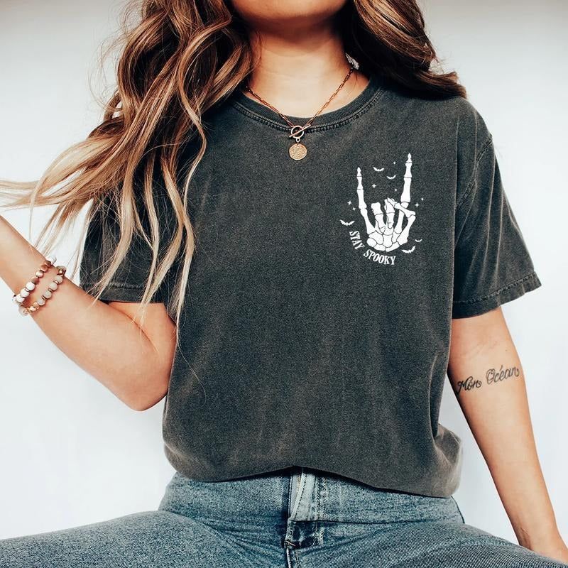 Stay Spooky Comfort Colors T-shirt, Halloween Shirt, Spooky Season Tee, Womens Halloween, Skeleton Hand, Fall Shirt Cotton Fabric
