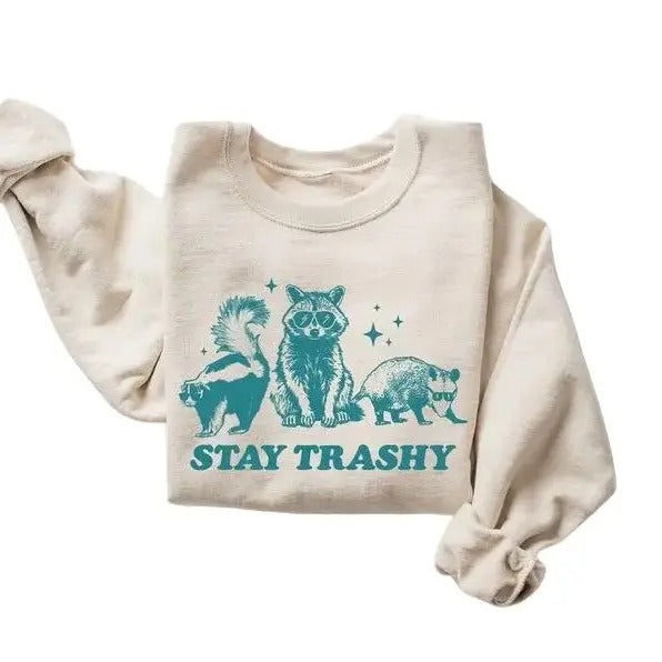 Stay Trashy Funny Meme Graphic T-Shirt, Retro Raccoon Sweatshirt, Vintage Raccoon Opossum Skunk Shirt Casual Cotton Crewneck Long Sleeve Fitted Hoodie
