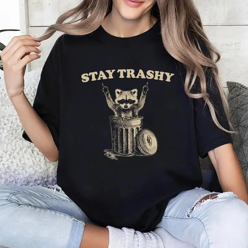 Stay Trashy Raccoon Vintage Tee, Vintage Trashy Raccoon Graphic Tee Women, Funny Raccoon Unhinged Shirts, Unisex Meme T-shirts, Unisex Comfy Oversized Graphic Tee, Menswear, Women's Tops, Womenswear, Cotton Fabric Relaxed Fit Chic Style