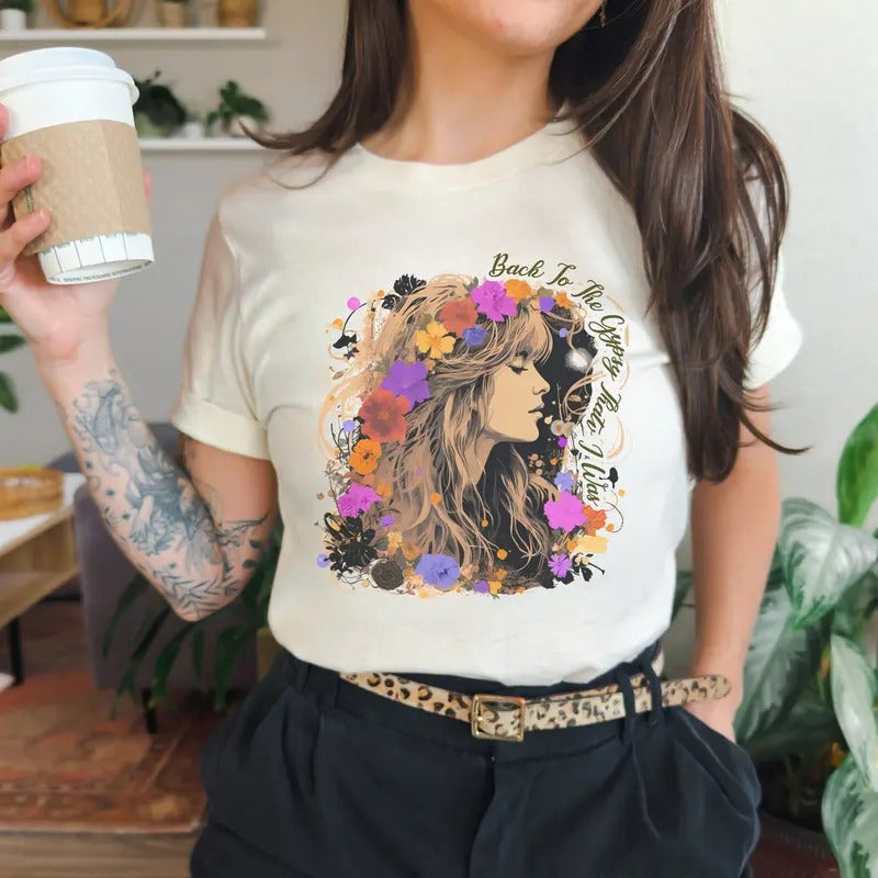 Stevie Nicks Inspired Floral Graphic Tee, Boho Music T-Shirt, Vintage 70s Rock Style, Gift for Music Lovers, Retro Aesthetic