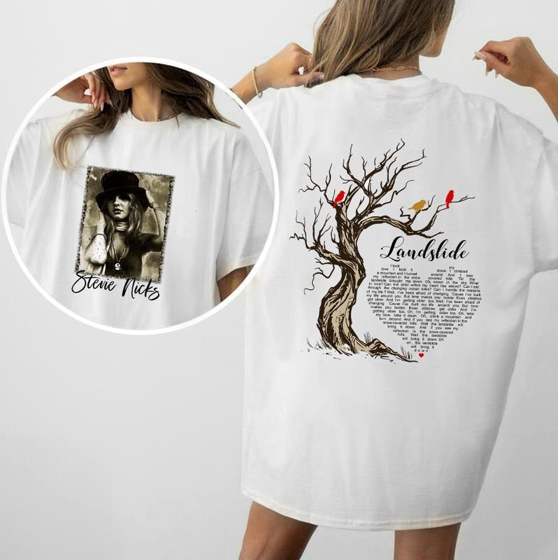 Stevie Nicks Landslide Song Lyric T-Shirt, Vintage 70s Stevie Tree Design, Stevie Two-Sided Retro Music Tee, Classic Rock Band Shirt for Stevie Fans Womenswear