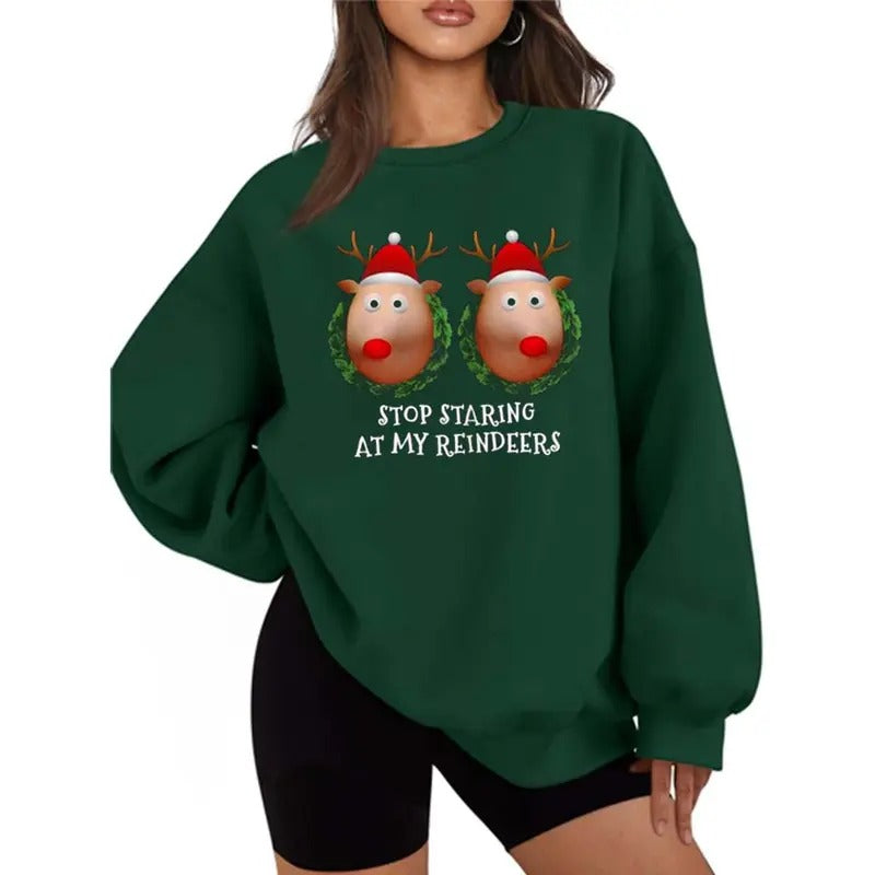 Stop staring at my Reindeers Boobs Ugly Gag Xmas Graphic Sweater Casual Street Style Fleece Crewneck Pullover Sweatshirt Tops Trendy For Women For Men, Perfect Gift