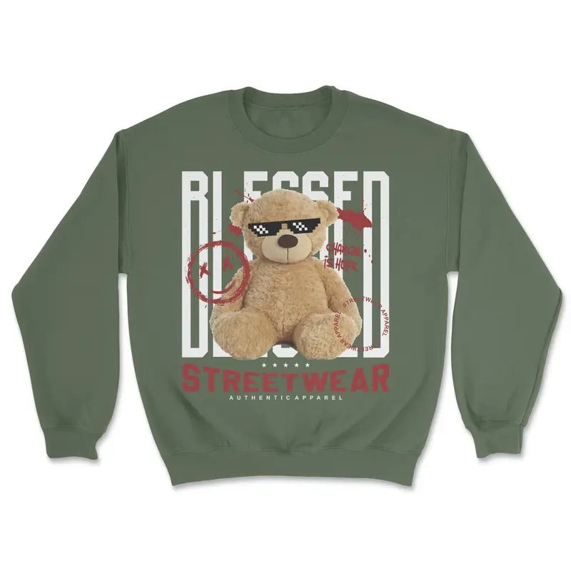 Streetwear Blessed Bear Sweatshirt - Comfortable 100% Cotton - Graphic Sweatshirt Menswear