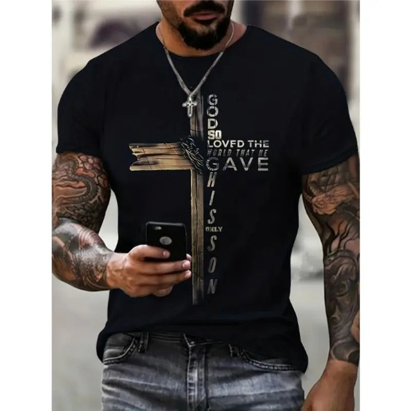 Stylish God & Cross Graphic Tee - Soft Crew Neck, Comfy Novel Design, Summer Vacation Essential, Daily Wear, Resorts Clothing for Men Made In USA