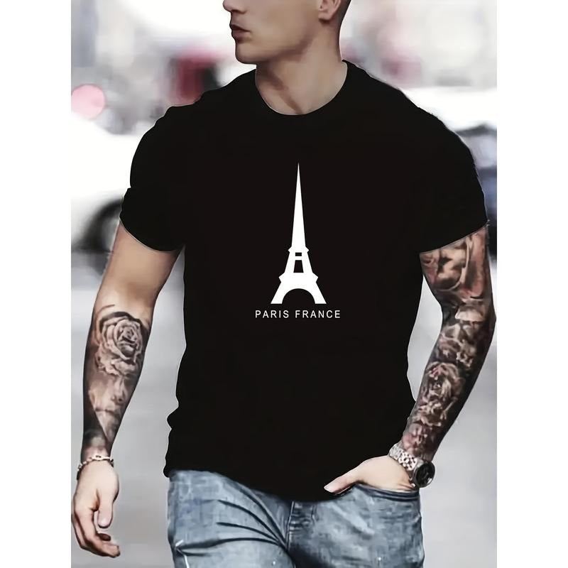 Stylish Paris Eiffel Tower Graphic Print Crew Neck T-Shirt - Short Sleeve, Casual, Breathable, Summer Outdoor Essential - Mens Creative Clothing for Warm Weather Made in USA