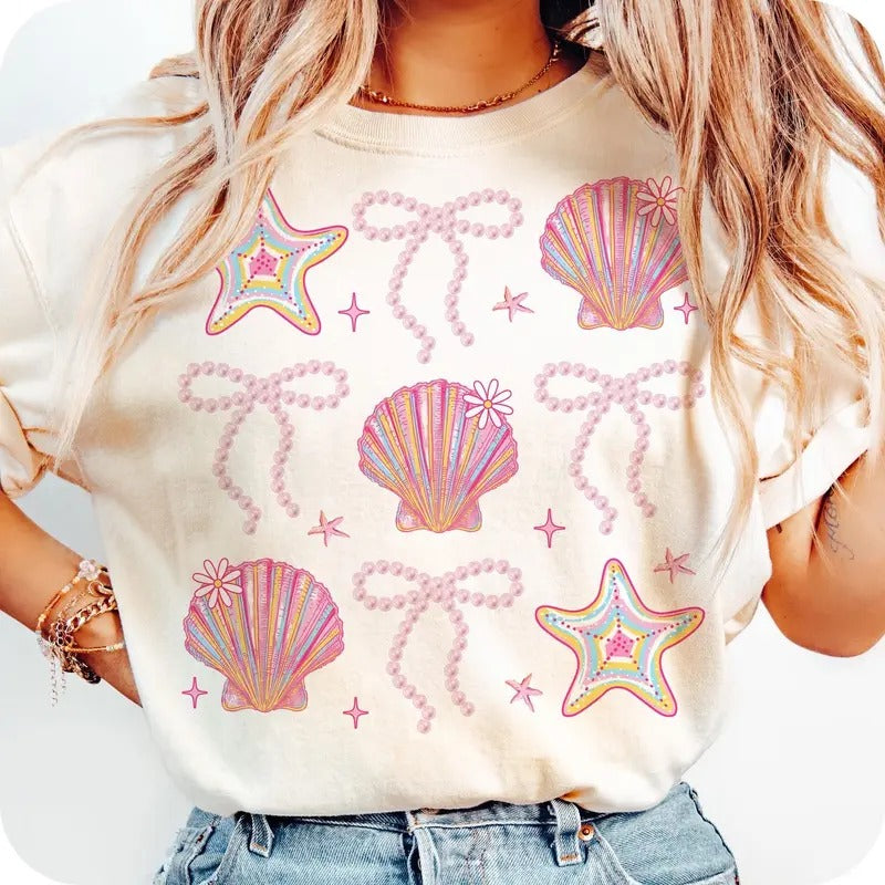 Summer Clam Coquette Bow Tee, Summer Vibes Pink Clam Shirt, Summer Beach Shirt, Retro Summer Gift for Her