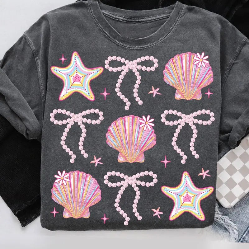 Summer Clam Coquette Shirt for Women Pink Bow Beach Vibes Retro Aesthetic