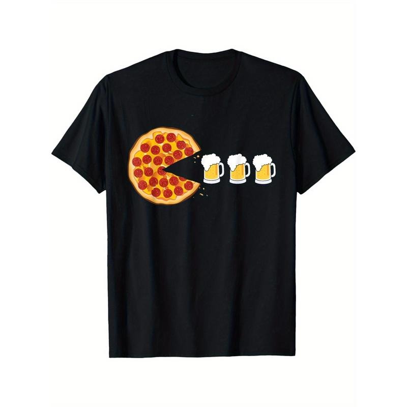 Summer Comfortable Casual Short Sleeve Pepperoni Pizza Chomping Draft Beer Funny Pizza T-Shirt Made in USA