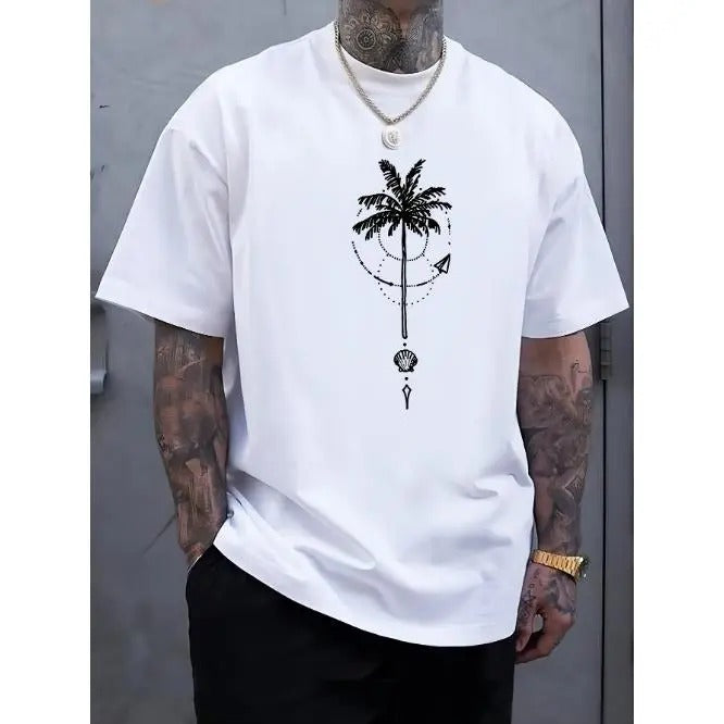 Summer Essential: Men's Crew Neck Short Sleeve Coconut Tree Graphic Print Tees, Comfortable Versatile Top for Outdoor Sports & Leisure Vacation Made in USA