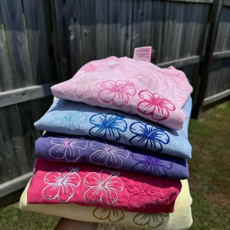Summer Tshirt, Short Sleeve Tshirt, Comfortable Embroidered Tshirt, Hibiscus Flowers