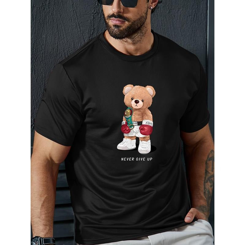 Bear Print Men's Round Neck Short Sleeve T-shirt, Simple Style Fashion Regular Fit Tee, Casual Comfortable Top for Spring/Summer Vacation Leisure Men's Clothing Gift Menswear Embroidered Tshirt Gamis