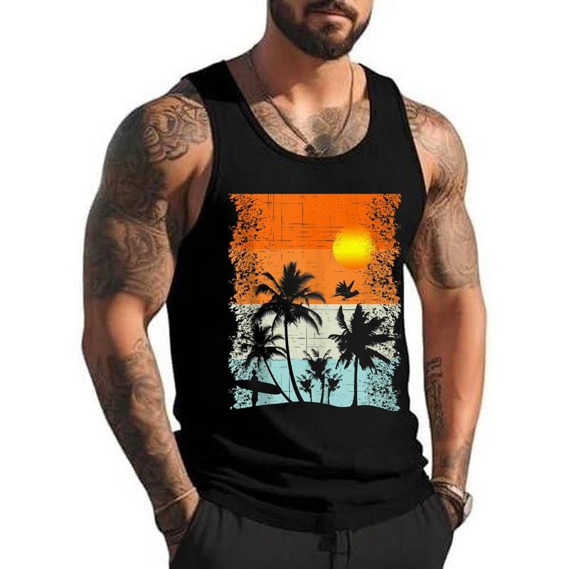 Summer Vacation Surfers at Beach Palm Trees Retro Vintage Unisex Tank Top, Cotton, Size S-3XL