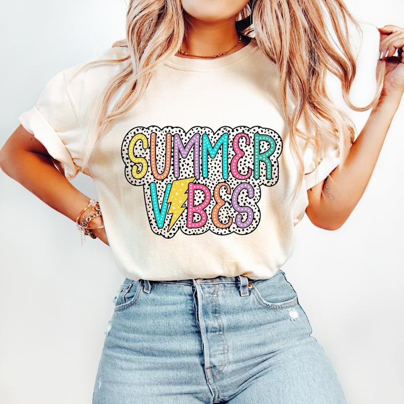 Summer Vibes T-Shirt, Summer T-Shirt, Bright Doodle, Dalmatian Dots, Retro Summer T-Shirt, Hello Summer T-Shirt, Beach T-Shirt