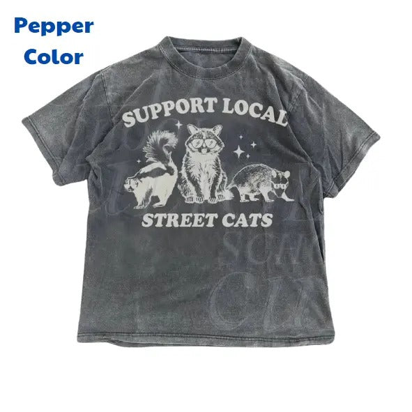 Support Your Local Street Cats Graphic T-Shirt, Retro Unisex Adult T Shirt, Vintage Raccoon T Shirt, Nostalgia T Shirt, Relaxed Cotton Tees, Y2k, Unisex T-Shirt, Gift For Men Women