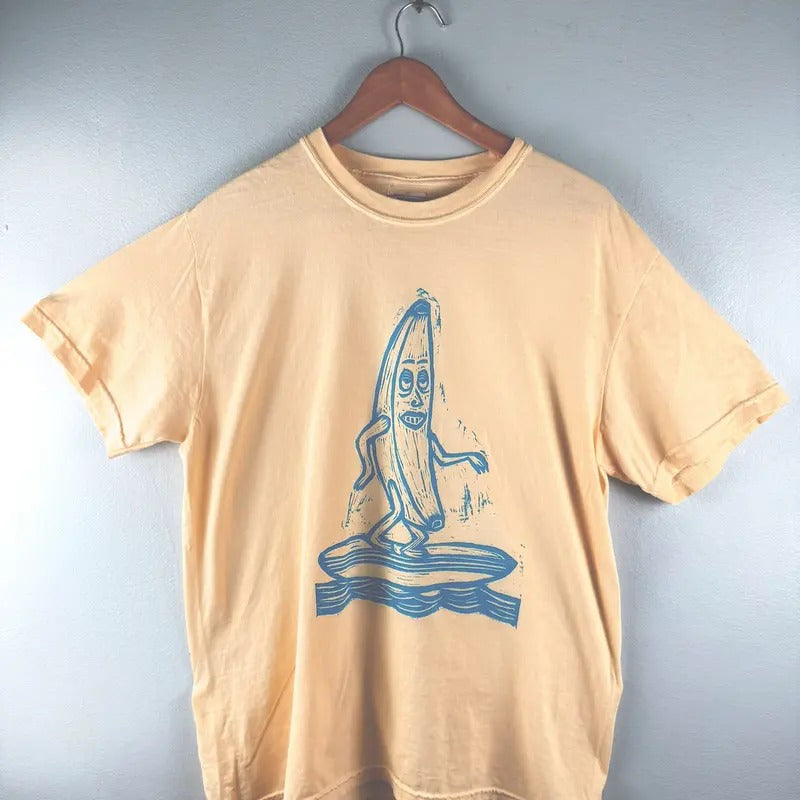 Surfing Banana Woodblock Hand-Printed T-Shirt Cotton Menswear Top Graphics Minimalist Streetwear Casual