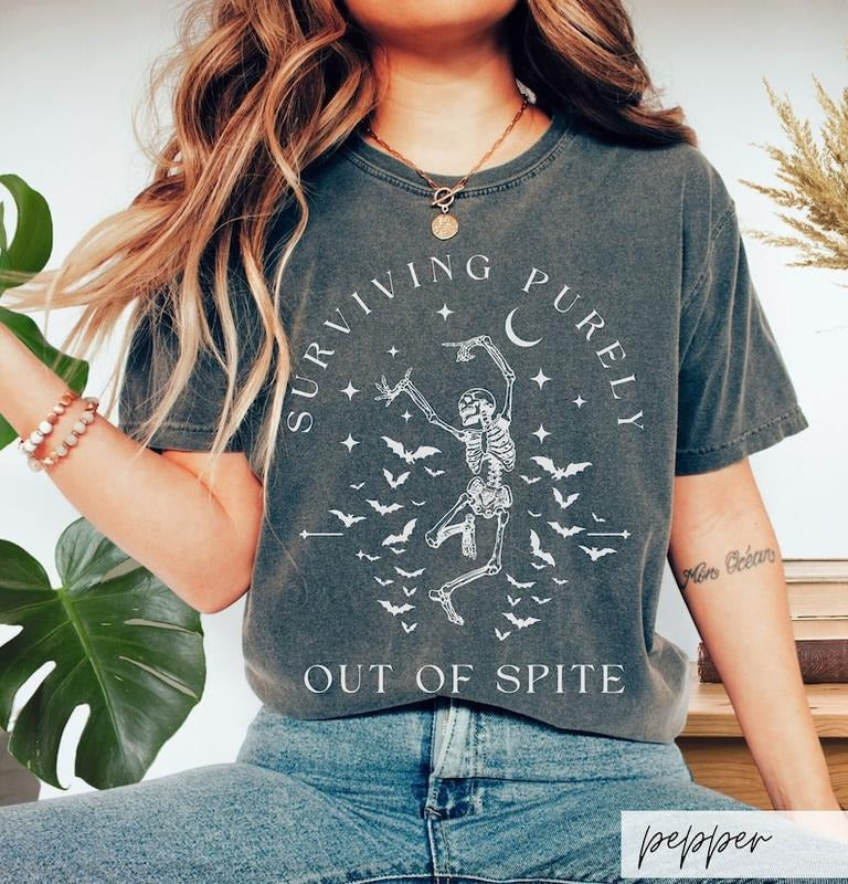 Surviving Purely out of Spite Shirt, Funny Goth Celestial Skeleton and Bats Shirt, Bat Lover Gothic Boho Garment Dyed T-shirt, sweater and Hoodie