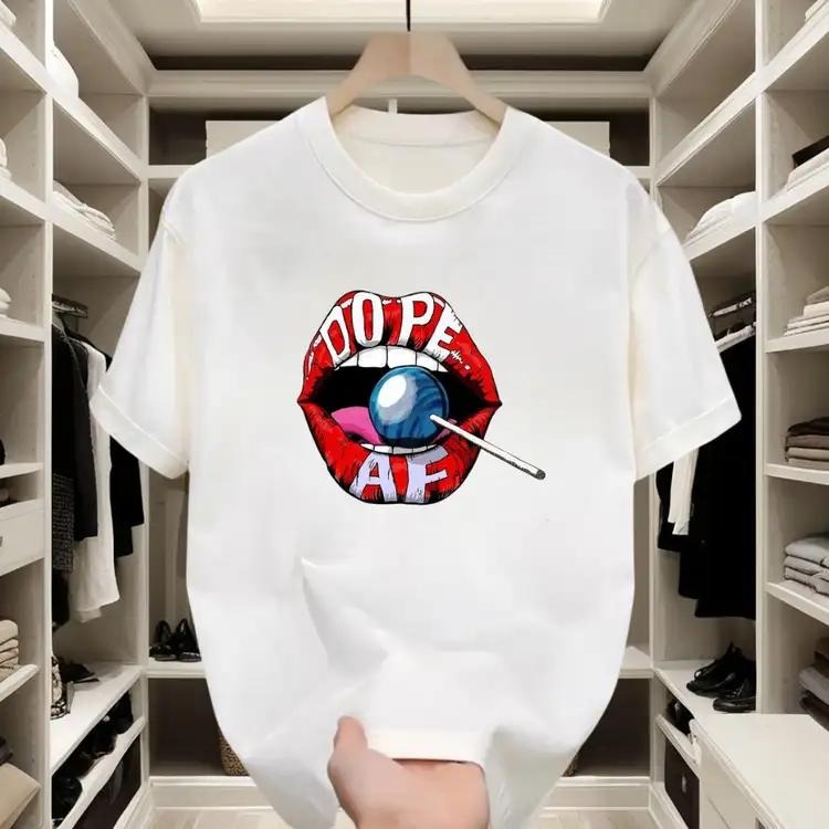T - shirt with edgy red lips & lollipop print, spiced up by trendy letters. Pure cotton, comfy and eye - catching, a must - have for street fashion lovers