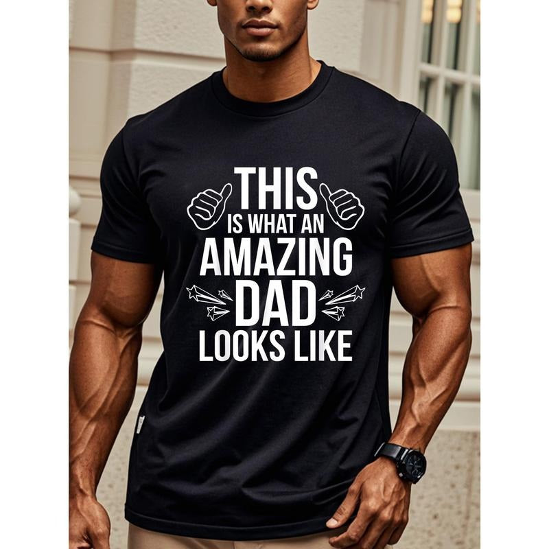 THIS IS WHAT AN AMAZING DAD LOOKS LIKE, Soft 100% Cotton Crew Neck T Shirts For Men, Black Graphic Tee, Funny, Casual Summer Tee, Breathable, Ultra-Soft, Ideal For Running, Going Out, Cotton T Shirts Made in USA