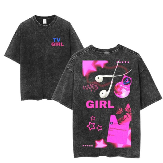 TV Girl Headphones Collage Graphic Tee, Y2K Aesthetic Indie Band Shirt, Pink Vaporwave Tour Merch, Washed Black Unisex Music Streetwear