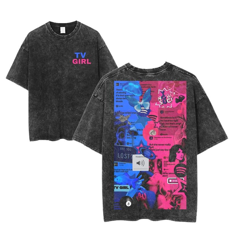 TV Girl Lyric Collage T-Shirt, Vaporwave Aesthetic Indie Band Tee, Retro Washed Tour Shirt, Music Fan Graphic Top, Unisex Vintage Style