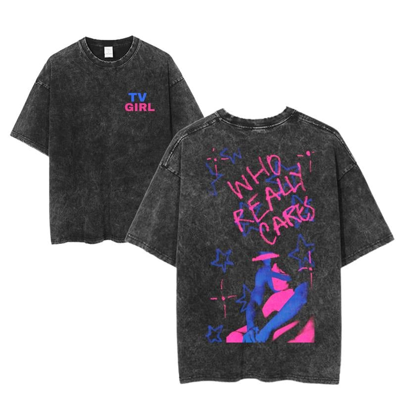 TV Girl Who Really Cares Graphic Tee, Indie Pop Band Tour Shirt, Vaporwave Aesthetic Streetwear, Washed Black Unisex Music Fan T-Shirt