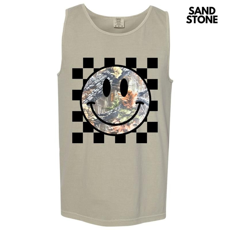 Tank Top - Camo Checker Happy Face Comfort Colors Tank Top 'NLB'