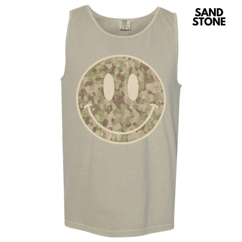 Tank Top - Distressed Camo Happy Face Comfort Colors Tank Top 'NLB'