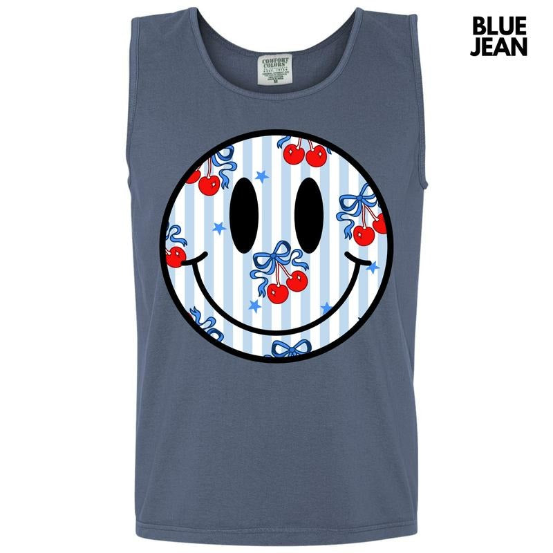 Tank Top - Stripe Cherry Happy Face Comfort Colors Tank Top 'NLB'