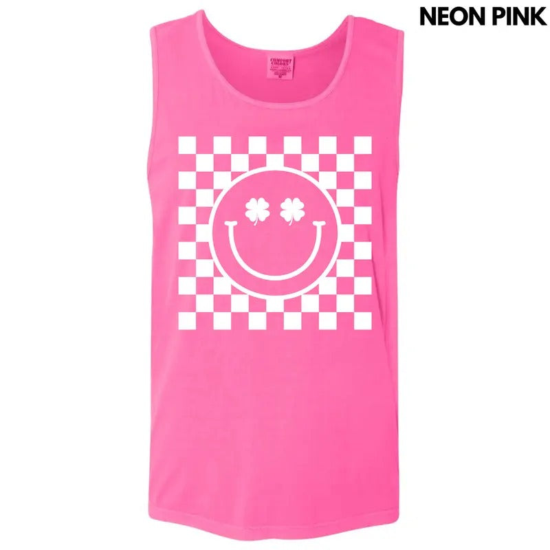Tank Top - White Shamrock Checker Happy Face Comfort Colors Tank Top 'NLB'