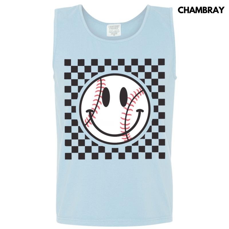 Tank Top -Baseball Checker Happy Face Comfort Colors Tank Top