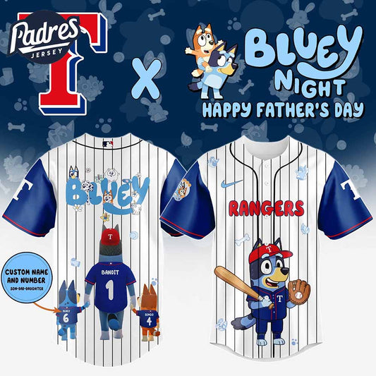 Texas Rangers MLB x Bluey Happy Fathers Day Custom Baseball Jersey - Padres Jersey Oasis: Elevate Your Baseball Style Game