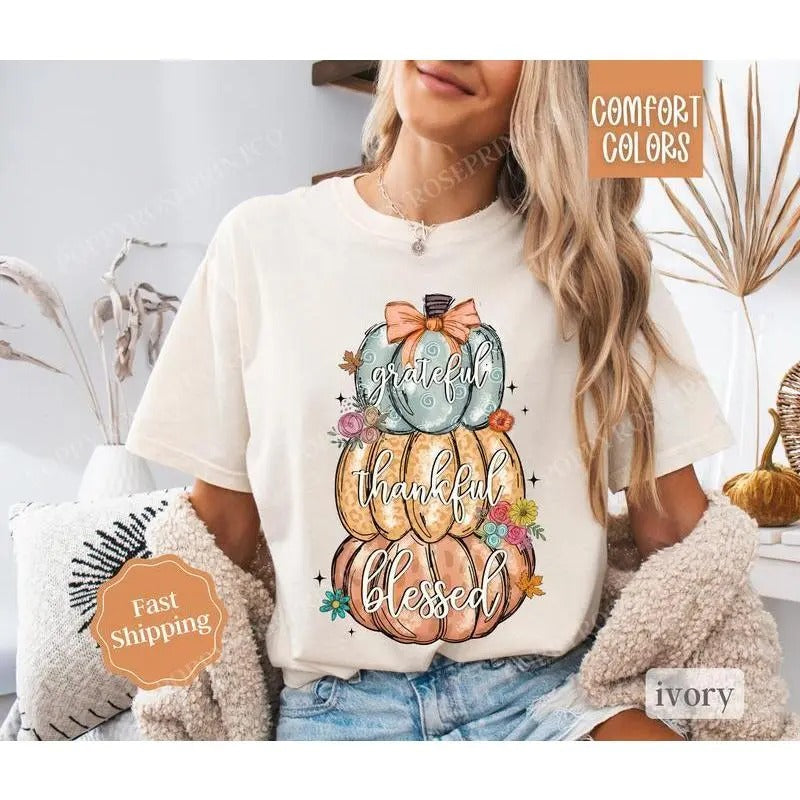 Thankful Pumpkin Shirt Comfort Colors, Thanksgiving Tshirt, Women's Fall Tee