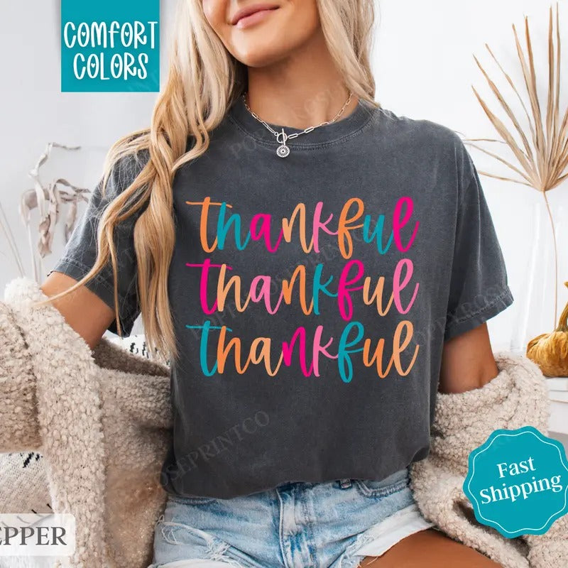 Thankful Shirt Comfort Colors, Womens Thanksgiving Shirt, Fall Womenswear Oversized Crewneck