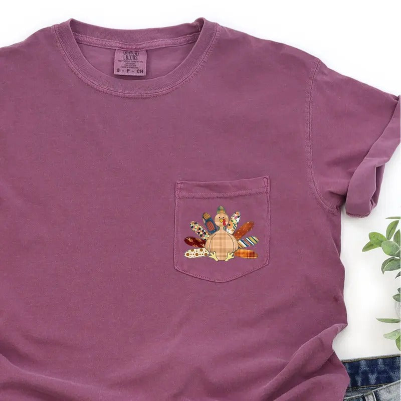 Thanksgiving Turkey, Colorful, Plaid, Pocket Tee, Women's Comfort Colors Tee
