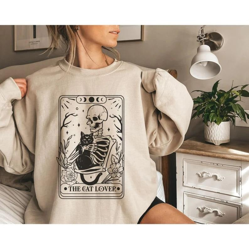 The Cat Lover Tarot Card Adult Unisex Sweatshirt | Cat Lover Skeleton Sweats | Tarot Card Sweatshirt | Trendy Vintage Tarot Card Sweats
