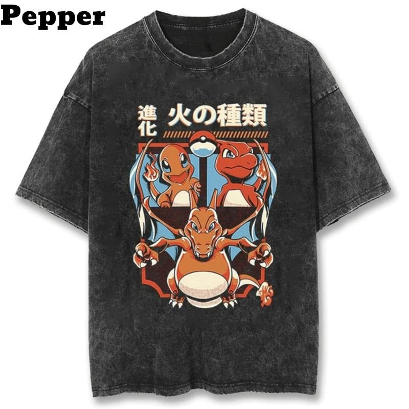 The Charmander Family Black Vintage Tee, Charmander Shirt, Charmander Merch, Pokemon Shirt, Anime Shirt, gift for him, gift for her Top Menswear