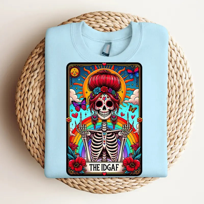 The IDGAF Tarot Card - Crewneck Sweatshirt, Mental Health, Funny Tee, Bright Graphic, Funny Apparel, Gift Idea, Relaxed Fit, Casual Apparel, Cute Top, Great with Jeans, All Seasons, Fun Style, Comfortable Shirt
