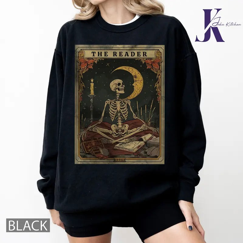 The Reader Tarot Card Comfort Colors Shirt, Skeleton Reading Shirt, Unisex Tarot Card Shirt, Book Lover Gift, Bookish Gift,Tarot Lover Gift Cotton Crewneck Crewneck