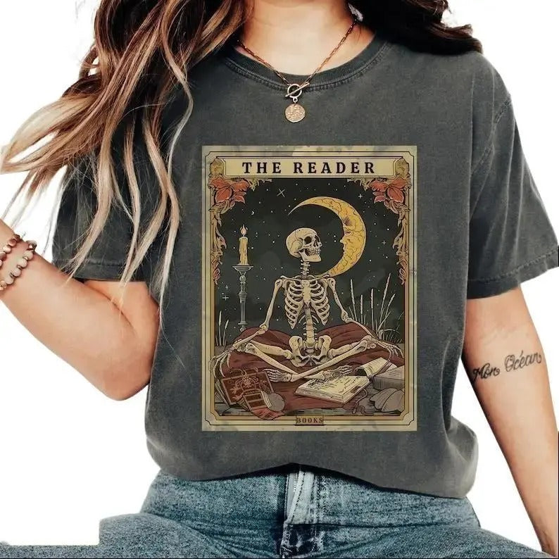 The Reader Tarot Card Shirt, throne of glass merch, Skeleton Reading Shirt,Tarot Card Shirt, Bookish Gift, Tarot Lover Gift, acotar