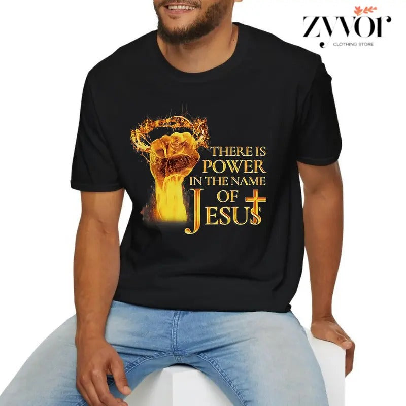 There is Power In Name of Jesus Fire Funny Christian God T-Shirt Casual Style Crew Neck Short Sleeve T-Shirt Tops Trendy for Unisex, Perfect Gift