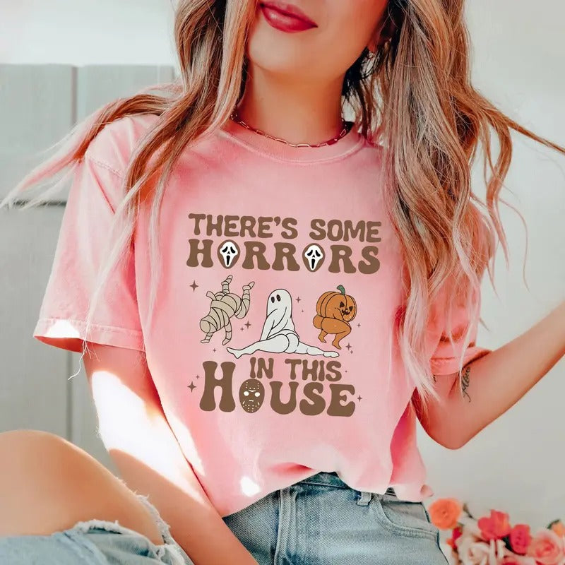 There's Some Horrors In This House Unisex Shirt, Funny Halloween Sweatshirt, Retro Halloween Hpodie, Halloween Shirt, Pumpkin Tee, Gift idea Casual Cotton Fabric Top