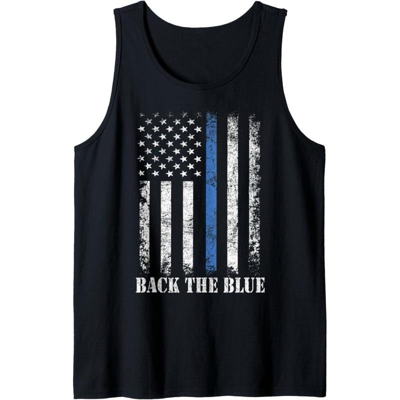 Thin Blue Line Back the Blue American Flag Police Support Tank Top made in USA