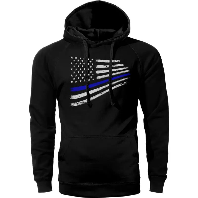 Thin Blue Line Flag Warped Design Police Lives Hoodie Sweatshirt Cotton Fabric Adjustable Breathable Drawstring Kangaroo Pocket Casual Top Menswear Print Pullover Long Sleeve