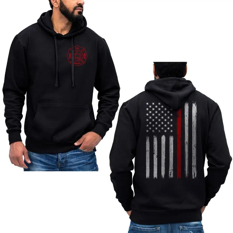 Thin Red Line Flag Vertical Brushed Design US Firefighter Hoodie Sweatshirt Cotton Fabric