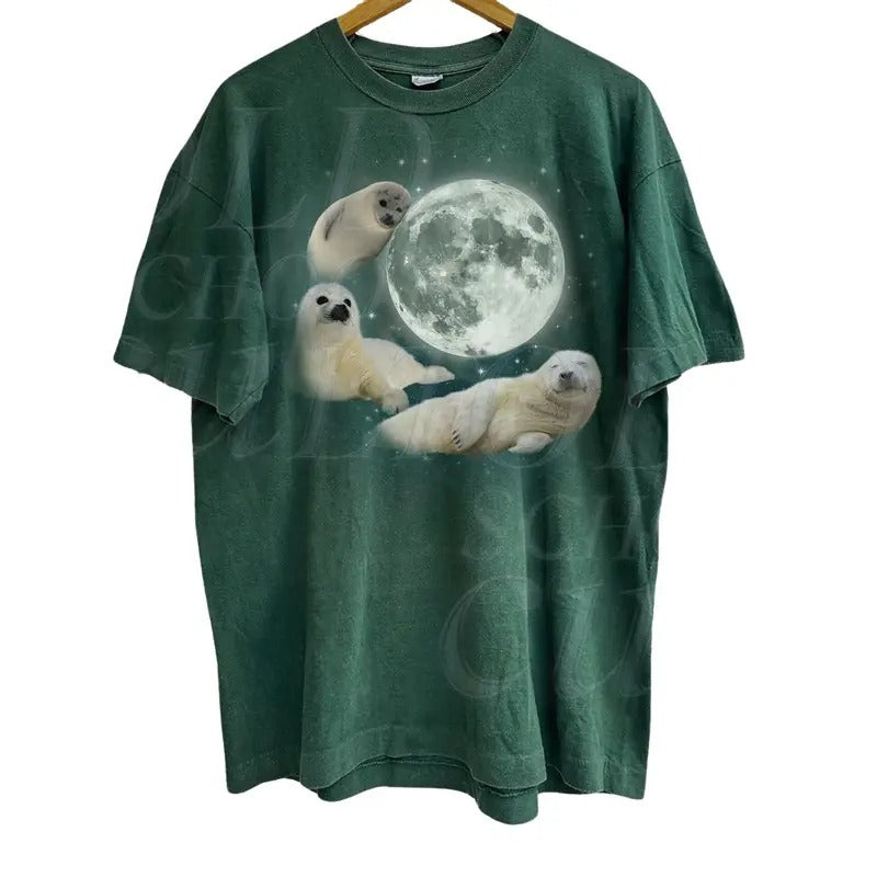 Three Baby Seal Vintage Graphic T-shirts, Retro Sea Dog Moon Tshirt, Relaxed Washed Unisex Adult Tee, Seal Lovers, Cute Sea Dog Tee Menswear Top Underwear Streetwear