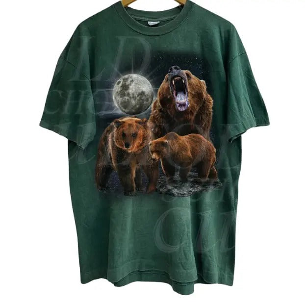 Three Bears Vintage 90s Graphic T-shirts, Retro Alpha Moon Tshirt, Relaxed Washed Shirt, Unisex Galaxy Tee, Nature Bear Lovers Gift Shortsleeve